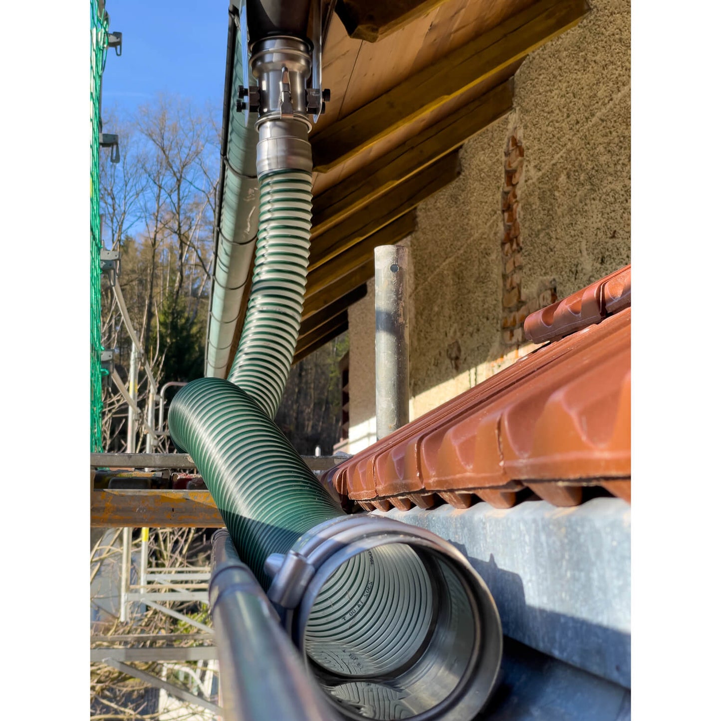 Profi Tube Set 100 - Haidl Products-Haidl-Products-ProfiTube-temporäre-Dachentwässerung--für-Maler-Spengler-Dachdecker-Baufirmen-Fallrohrprovisorium-Fallrohrersatz-Dachrinnenschlauch-Fallrohrschlauch-flexibel-Dachrinne-temporäre-Dachentwässerung-in-der-Bauphase-Folienschlauch-